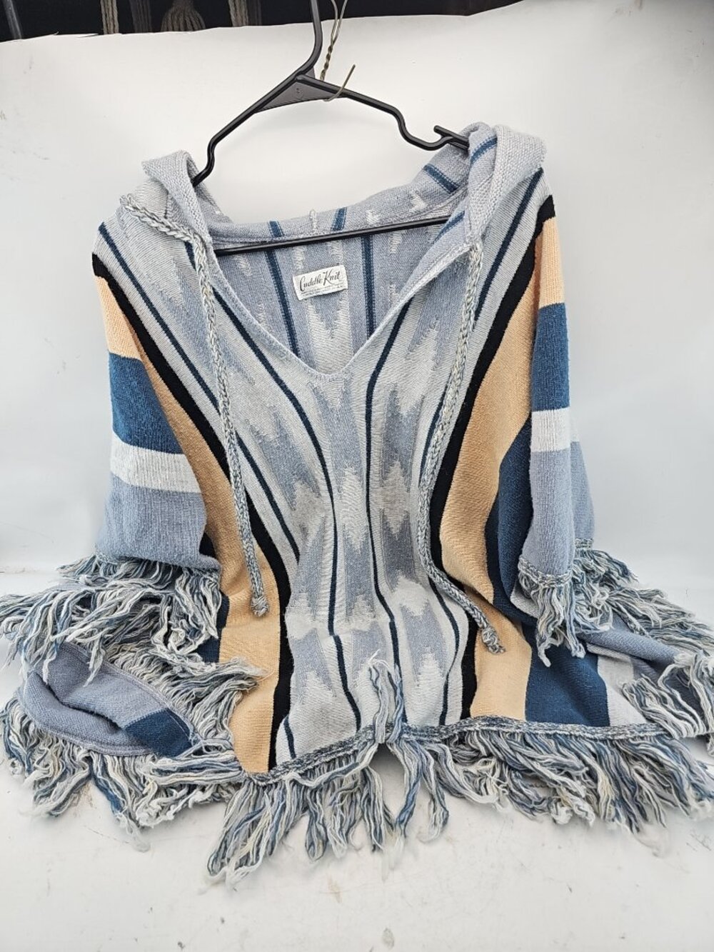 Cuddle Knit Striped Fringed Poncho